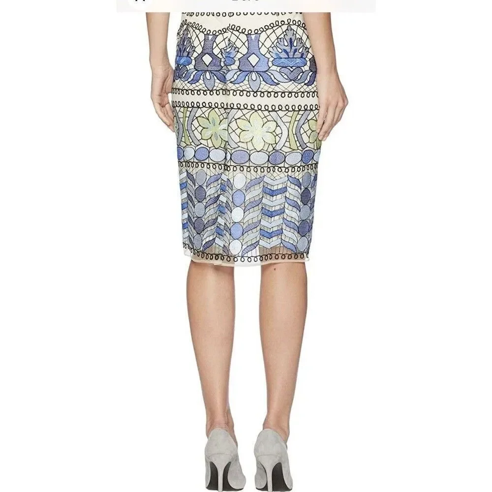 Beige ECI All Over Embroidery Midi Length Skirt 8 Teal Green Floral Lace Lined